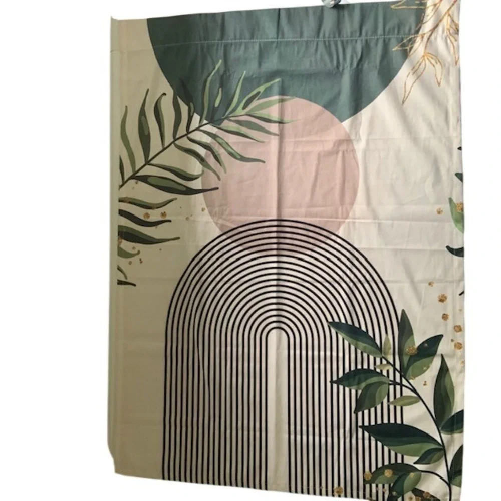 Modern Boho Botanical Cafe Curtains Set 2 Geometric Arch Green Blush 38x27